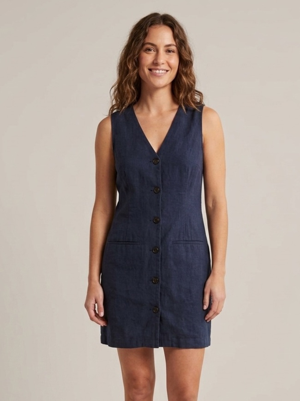 Abercrombie & Fitch Sz M Tall Navy Linen Cotton Button Front Sleeveless Dress
